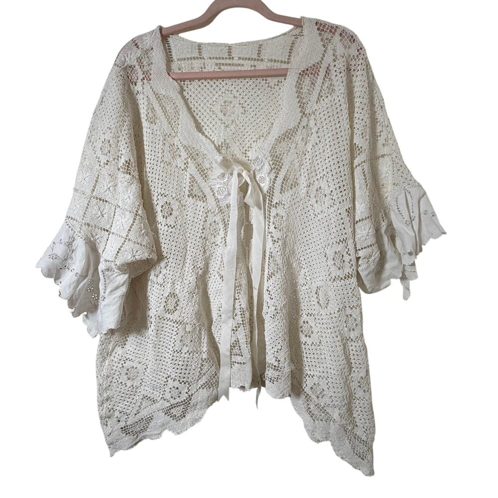 One Size Vtg Handmade Crochet Cardigan White Open Front Lace Boho Beach Festival